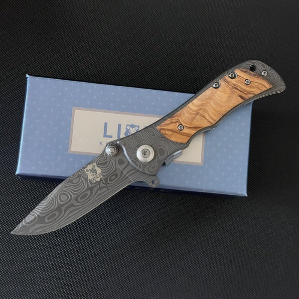 Liome Folding Tactical Knife with Damascus Grip for Camping