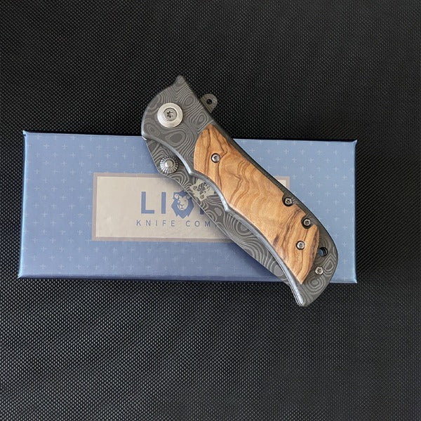 Liome Folding Tactical Knife with Damascus Grip for Camping