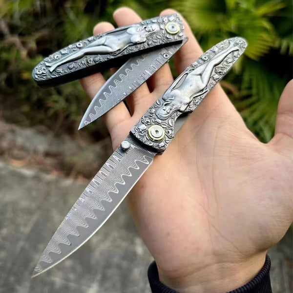 Vintage Handle Folding Knife Featuring a Damascus Steel Blade
