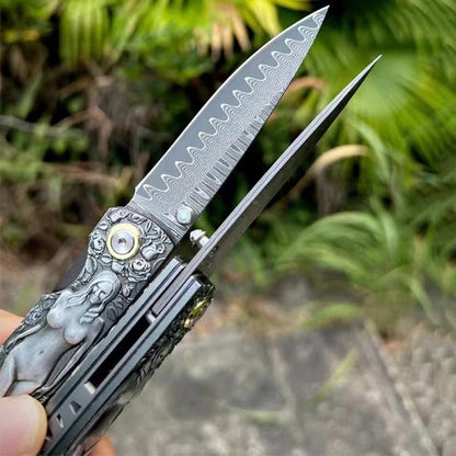 Vintage Handle Folding Knife Featuring a Damascus Steel Blade