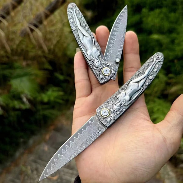 Vintage Handle Folding Knife Featuring a Damascus Steel Blade